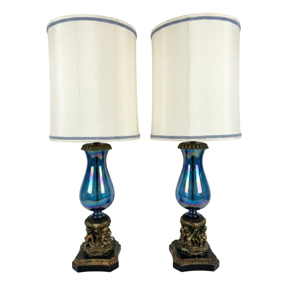 Sold Individually Vintage Murano Glass Cherub Table Lamp Iridescent Blue Baroque